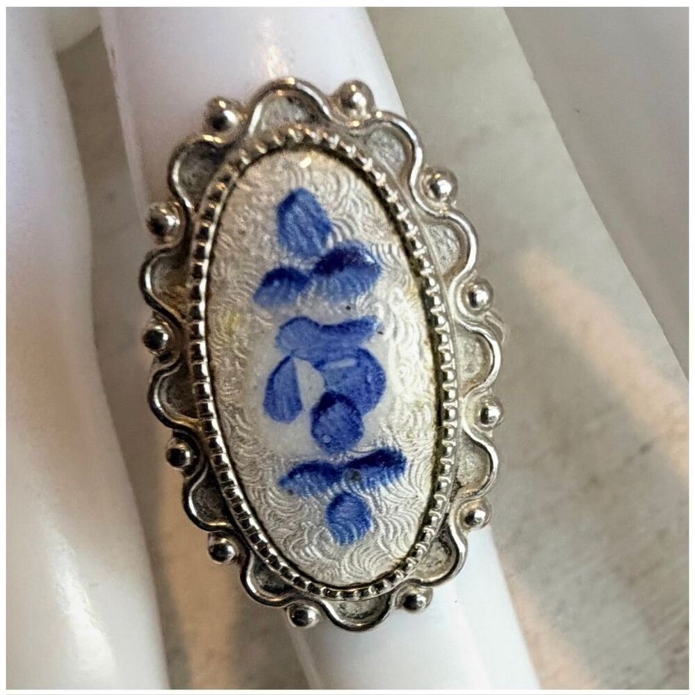 Vintage G.E. UNCACLAD Denmark Guilloché Blue Floral Ring